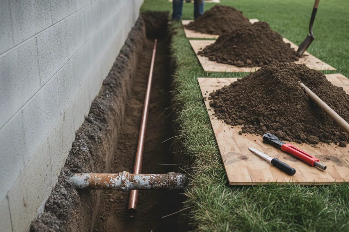 Excavated water line trench during Water Softener Installation in Martha